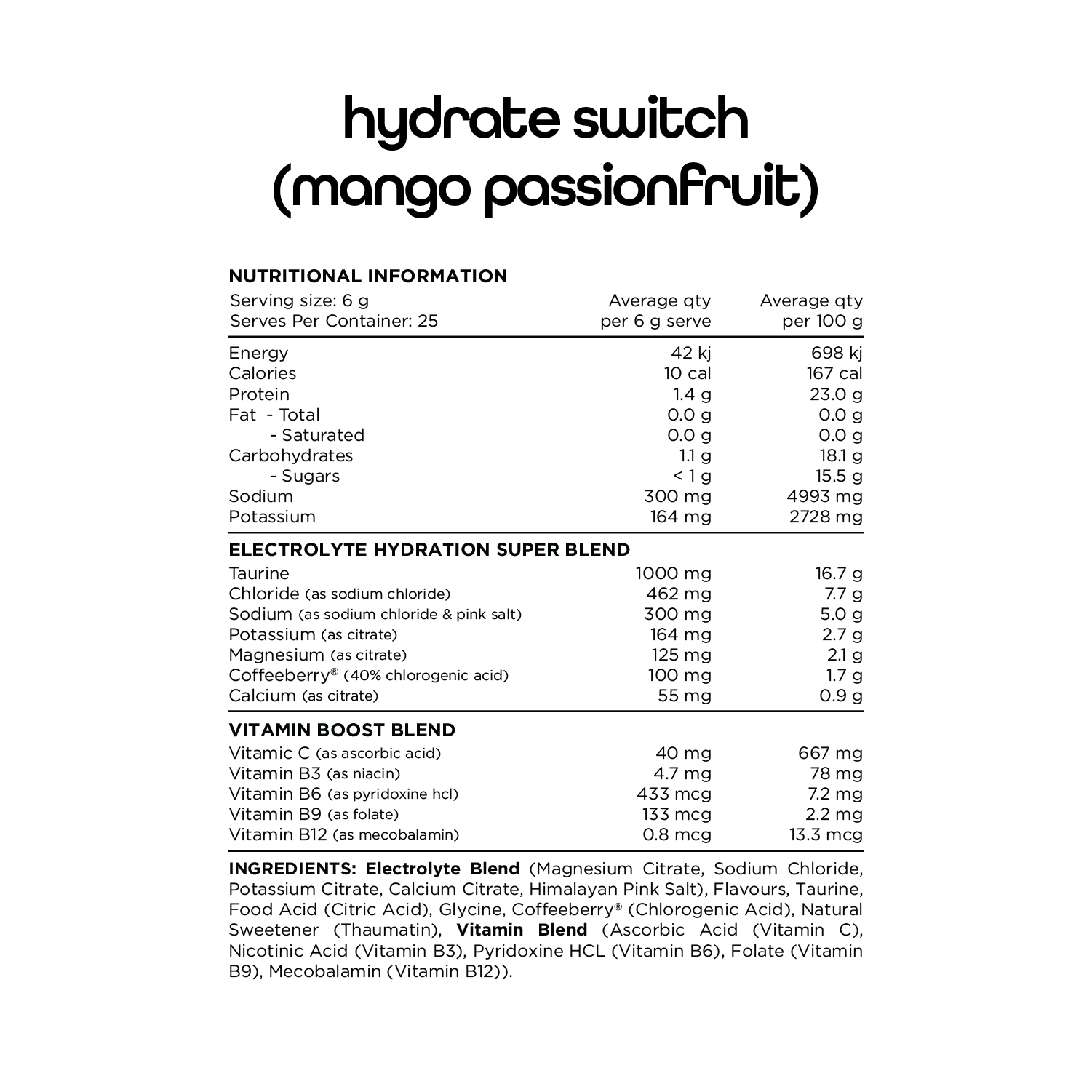 Switch Nutrition Hydrate (Sugar Free) 25 Serves Mango Passionfruit Switch Nutrition Hydrate (Sugar Free) 25 Serves Mango Passionfruit