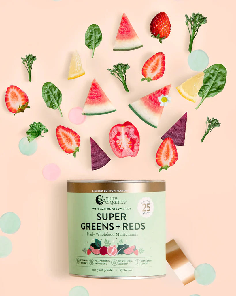 Nutra Organics Super Greens and Reds 300g Watermelon Strawberry Nutra Organics Super Greens and Reds 300g Watermelon Strawberry