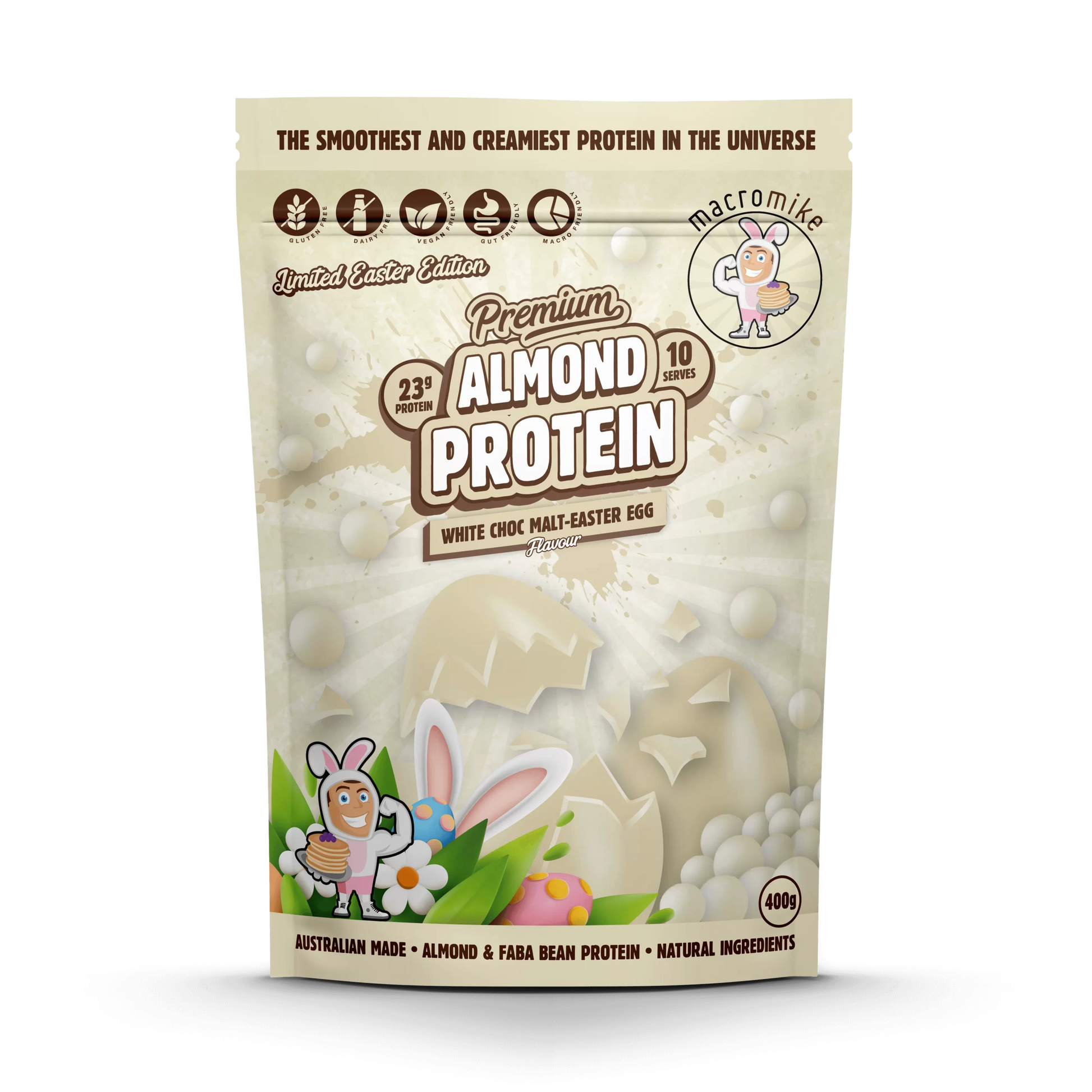 Macro Mike Almond Protein 400G White Choc Malt - Easter Egg Macro Mike Almond Protein 400G White Choc Malt - Easter Egg