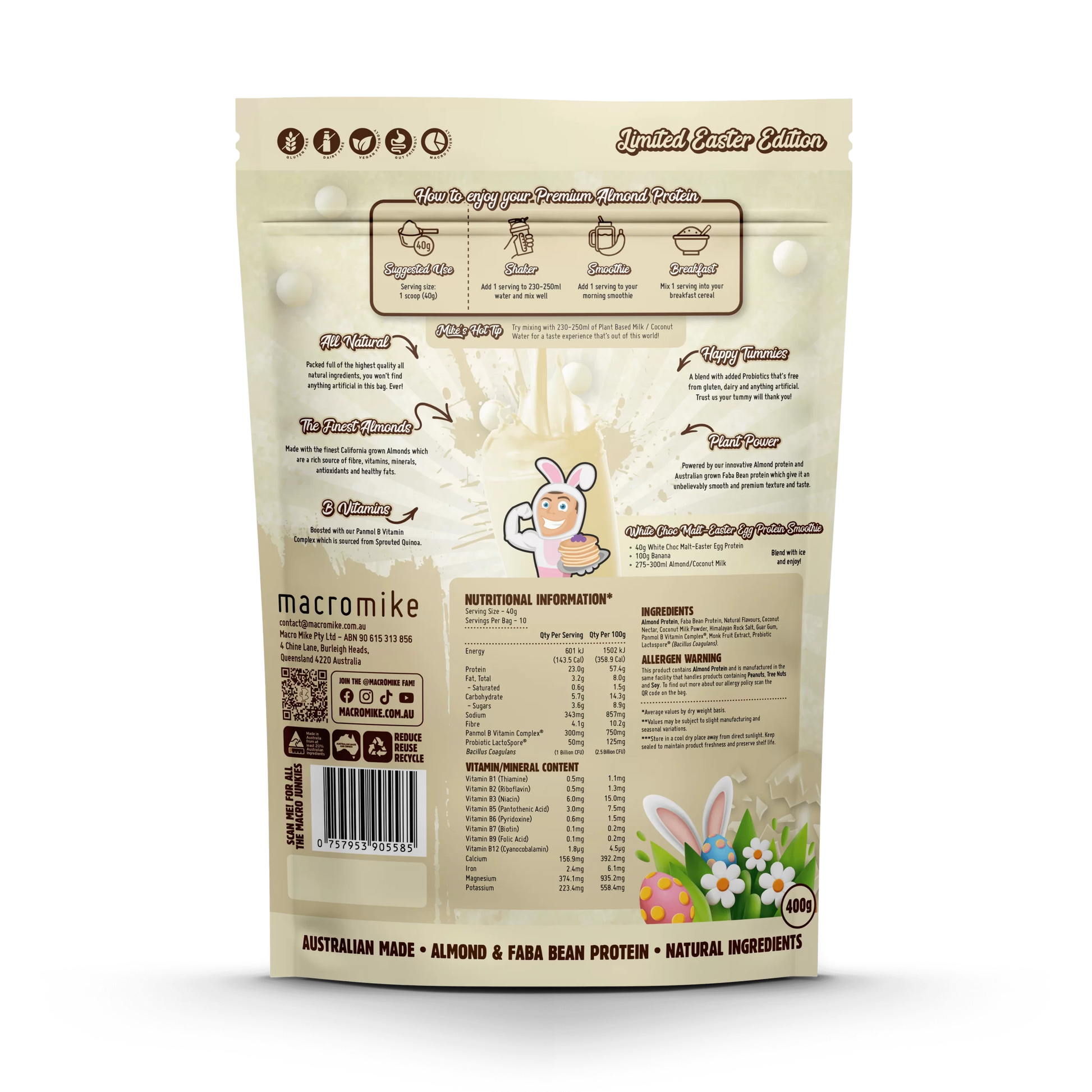Macro Mike Almond Protein 400G White Choc Malt - Easter Egg Macro Mike Almond Protein 400G White Choc Malt - Easter Egg