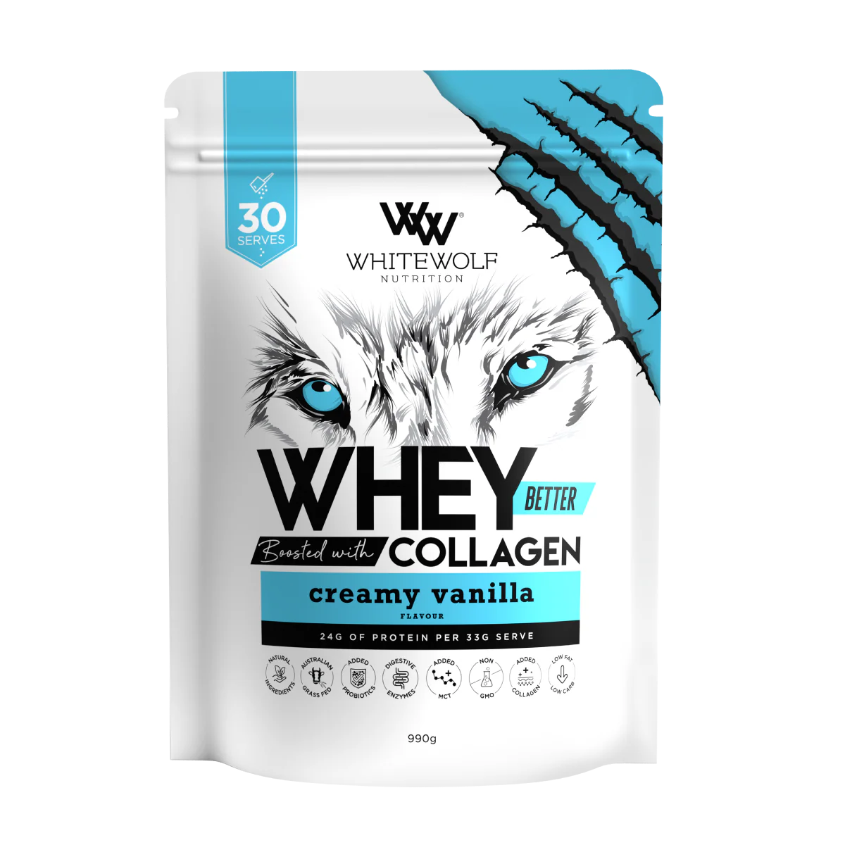 White Wolf Whey Protein + Collagen 990g Creamy Vanilla