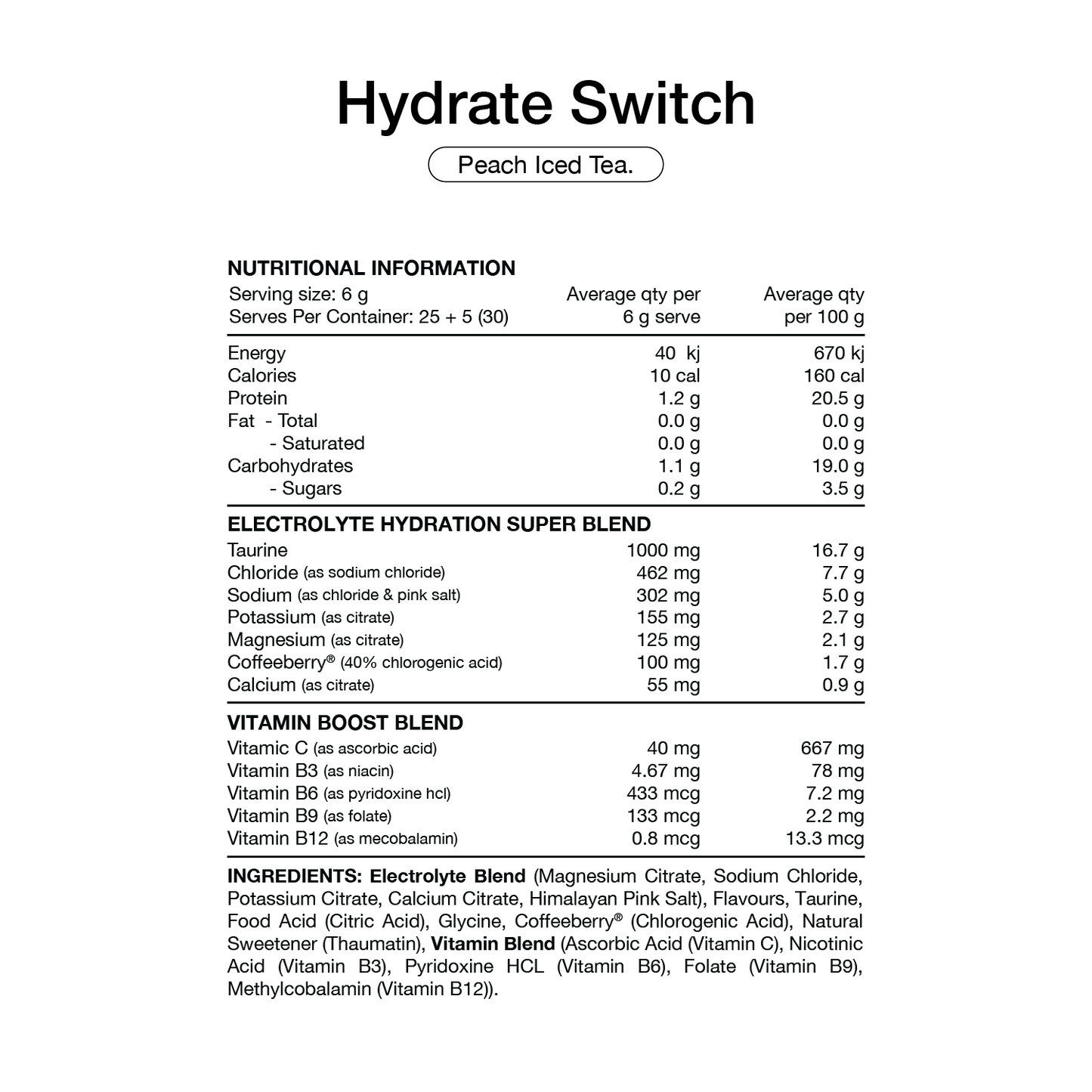 Switch Nutrition Hydrate (Sugar Free) 25 Serves Peach Iced Tea