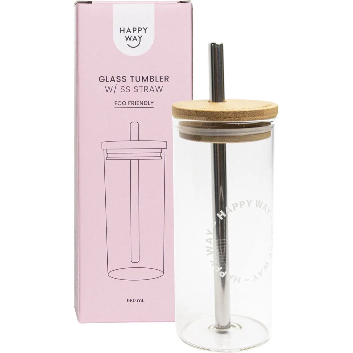 Happy Way Glass Tumbler with Straw 580ml Happy Way Glass Tumbler with Straw 580ml