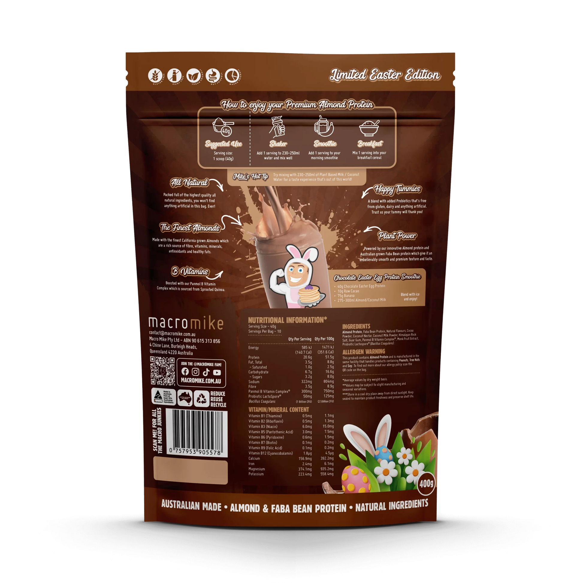 Macro Mike Almond Protein 400G Chocolate Easter Egg Macro Mike Almond Protein 400G Chocolate Easter Egg