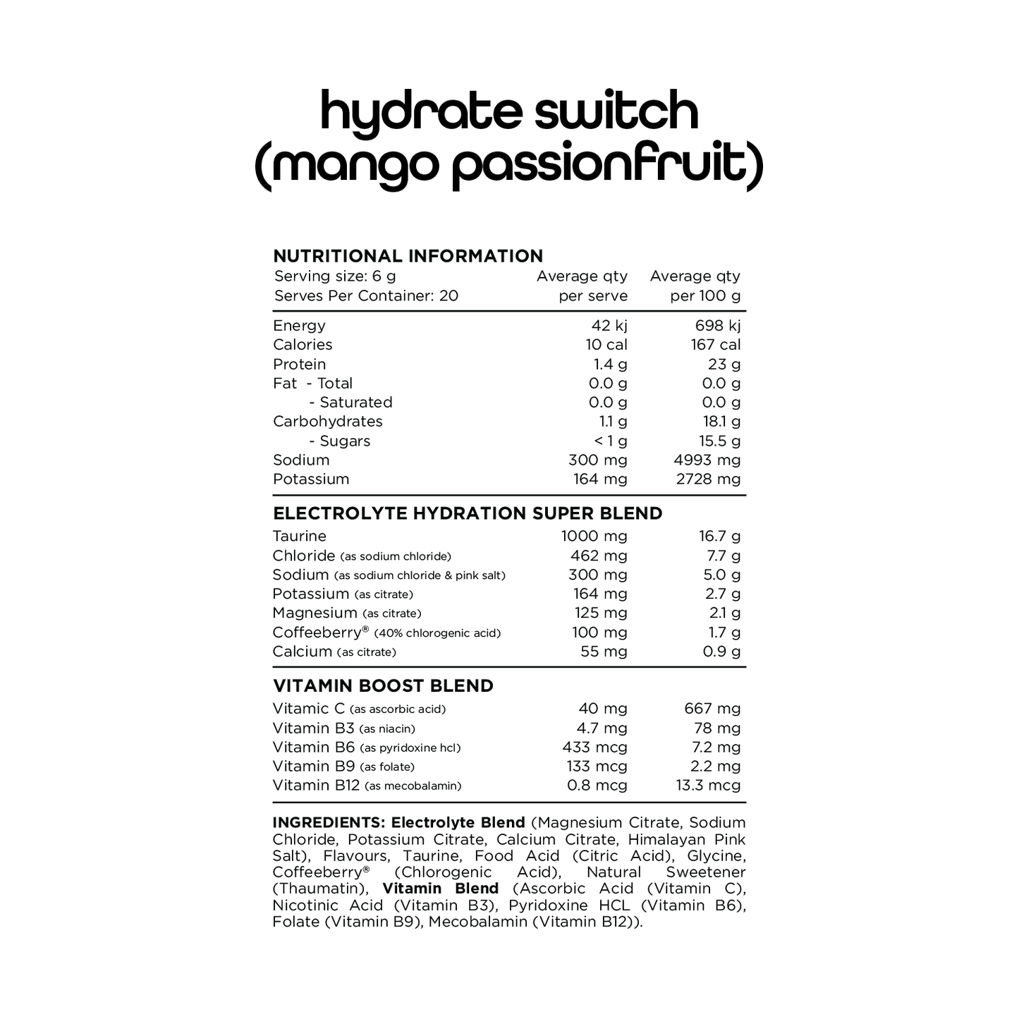 Switch Nutrition Hydrate (Sugar Free) 20 x 6g Sachets Mango Passionfruit