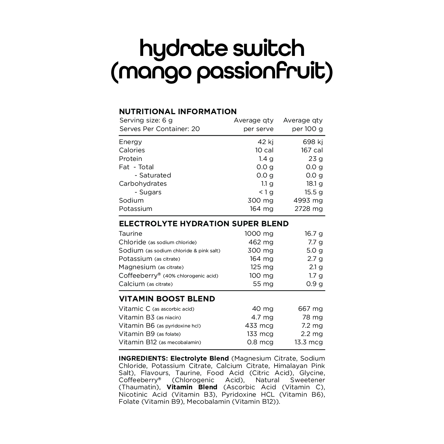 Switch Nutrition Hydrate (Sugar Free) 20 x 6g Sachets Mango Passionfruit