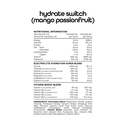 Switch Nutrition Hydrate (Sugar Free) 20 x 6g Sachets Mango Passionfruit