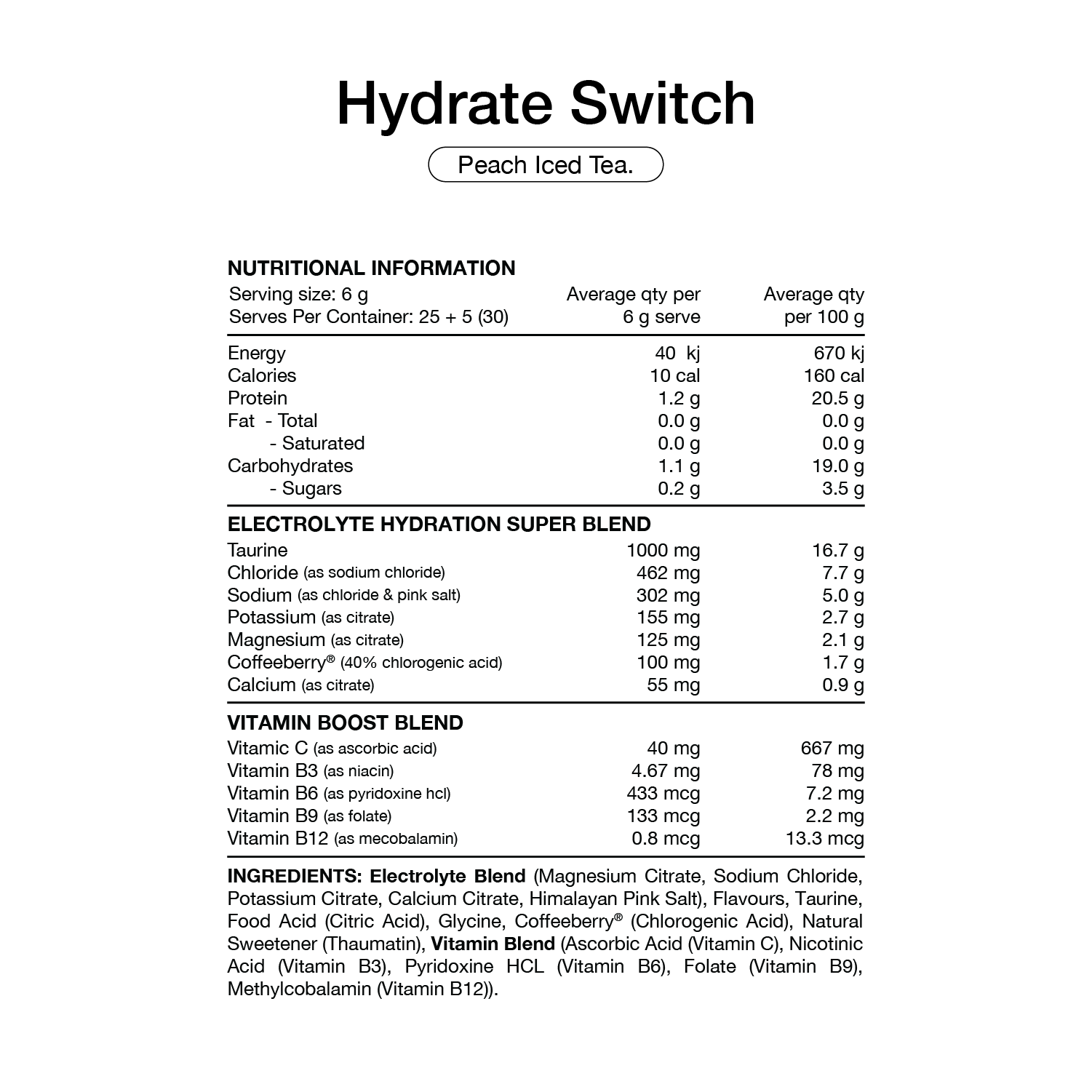 Switch Nutrition Hydrate (Sugar Free) 25 Serves Peach Iced Tea