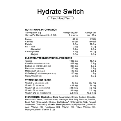 Switch Nutrition Hydrate (Sugar Free) 25 Serves Peach Iced Tea