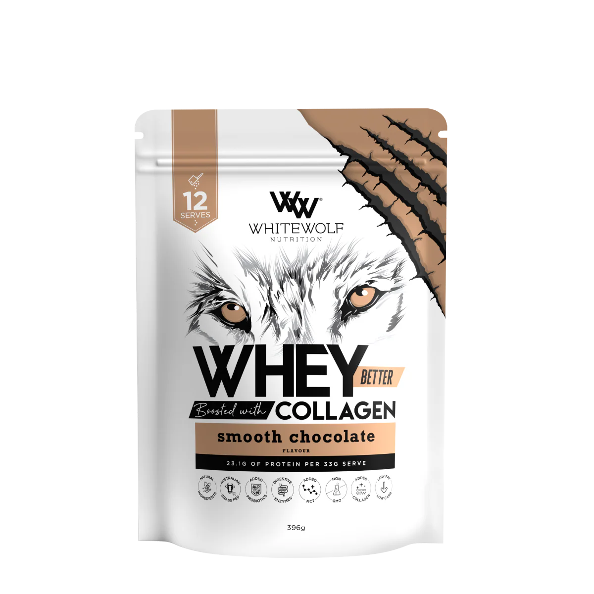 White Wolf Whey Protein + Collagen 990g Smooth Chocolate