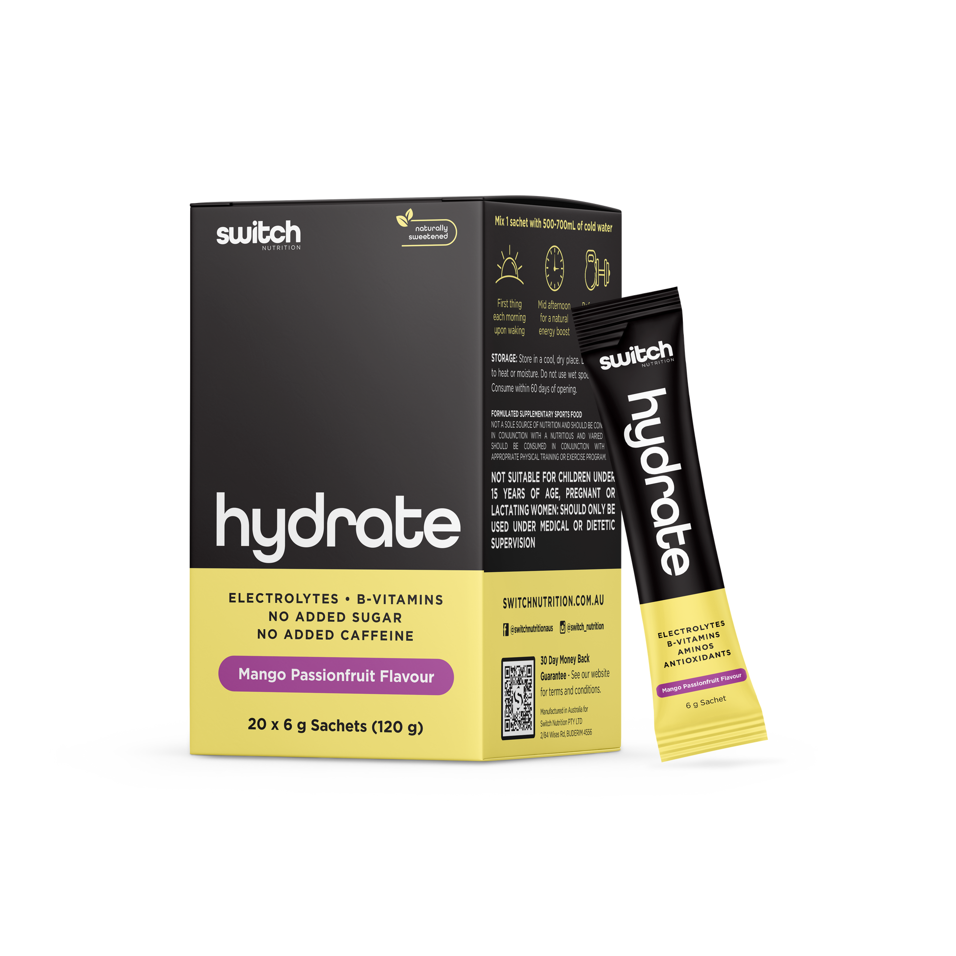 Switch Nutrition Hydrate (Sugar Free) 20 x 6g Sachets Mango Passionfruit