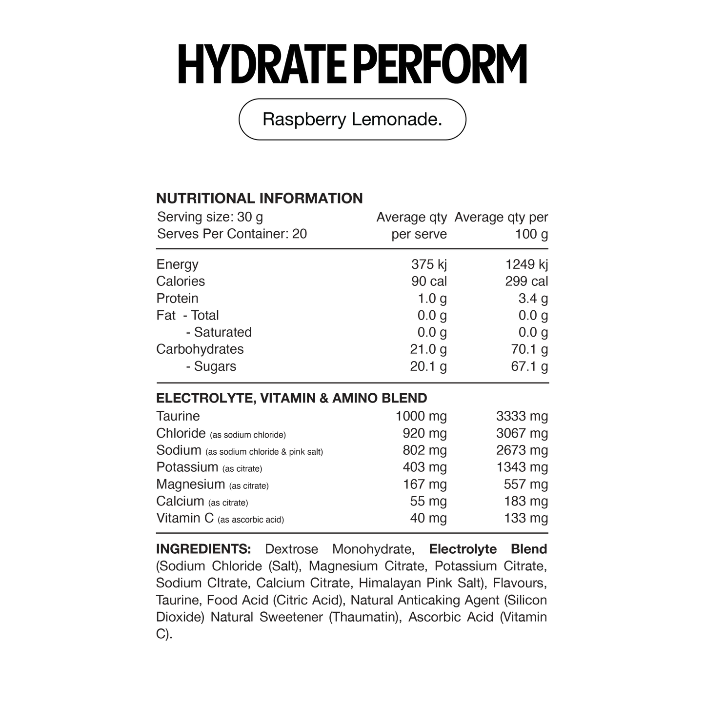 Switch Nutrition Hydrate Perform 20 Serves Raspberry Lemonade