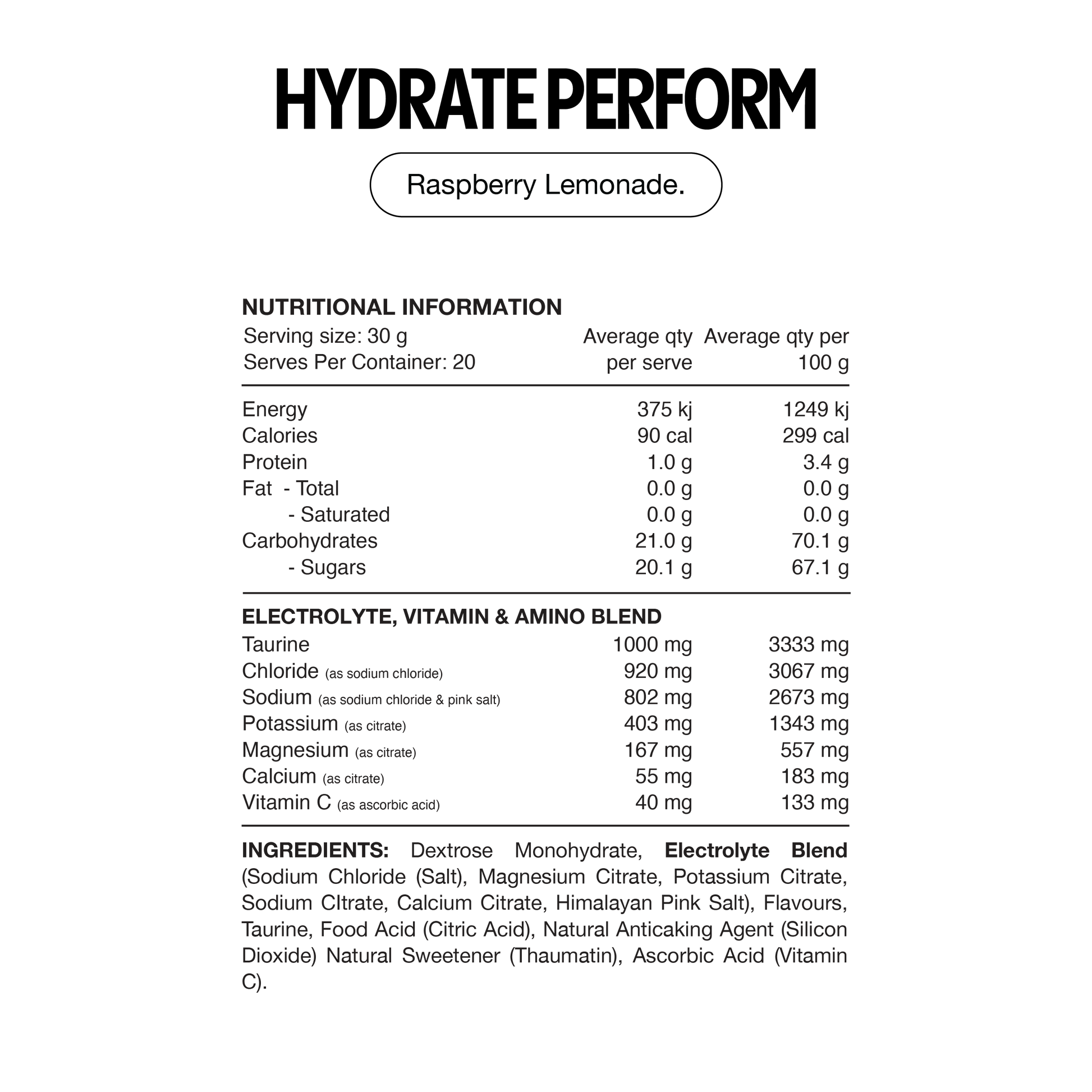 Switch Nutrition Hydrate Perform 20 Serves Raspberry Lemonade