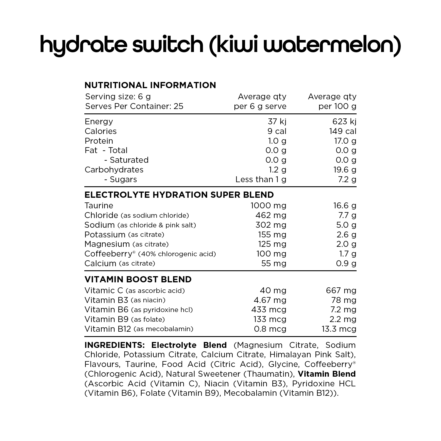 Switch Nutrition Hydrate (Sugar Free) 25 Serves Kiwi Watermelon